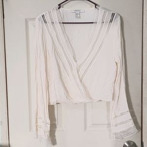 F21 Cream boho style snap closure vneck top with bell sleeves